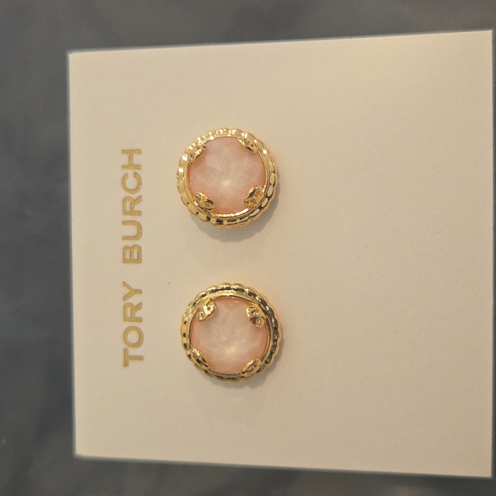 Tory Burch Gold and Pink Round Stone Stud Earrings
